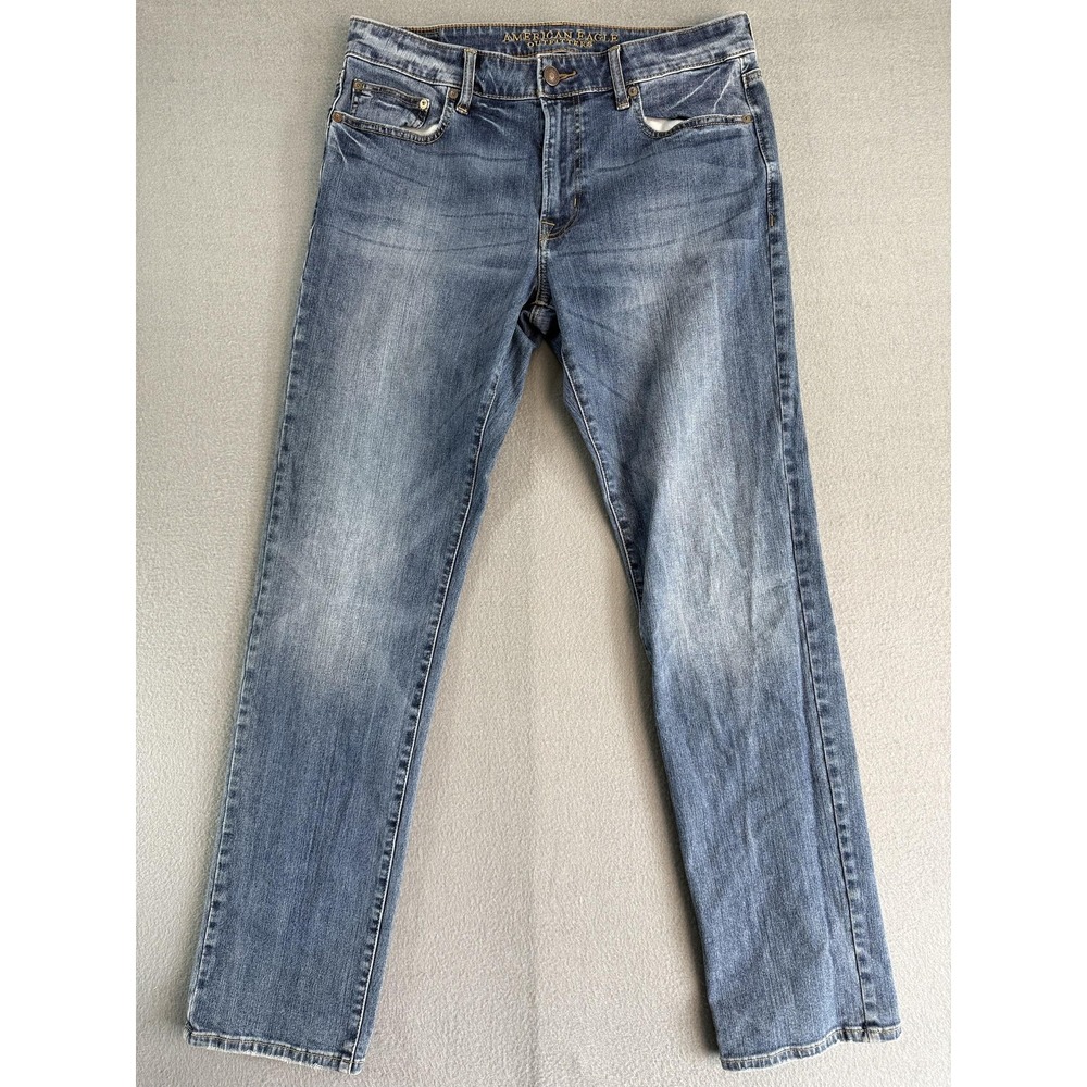 American Eagle Slim Straight Jeans Mens 33x34 Med Wash Blue Stretch Denim Casual